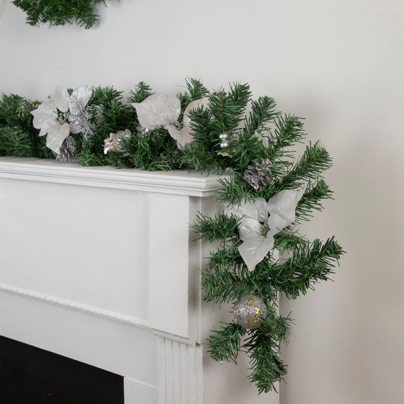 Northlight 6' x 9" Unlit Silver Poinsettia and Pinecone Artificial Christmas Garland, 3 of 6