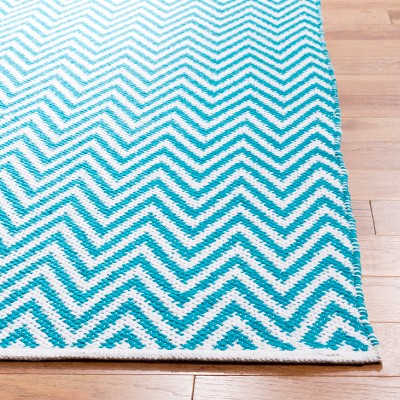 Ivory and Turquoise Chevron Handwoven Cotton Wool Rug, 5' x 8'