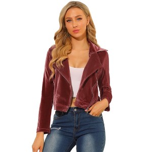Allegra K Women's Velvet Zipper Lapel Collar Moto Biker Jacket - 1 of 4