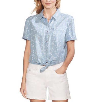 Vince Camuto Womens Tie-Front Floral Button Down Blouse, Blue, X-Large