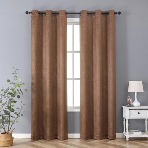 Set of 2 Leeds Floral Leaves Embossed Light Filtering Grommet Top Window Curtain Panels - Kate Aurora - 1 of 4