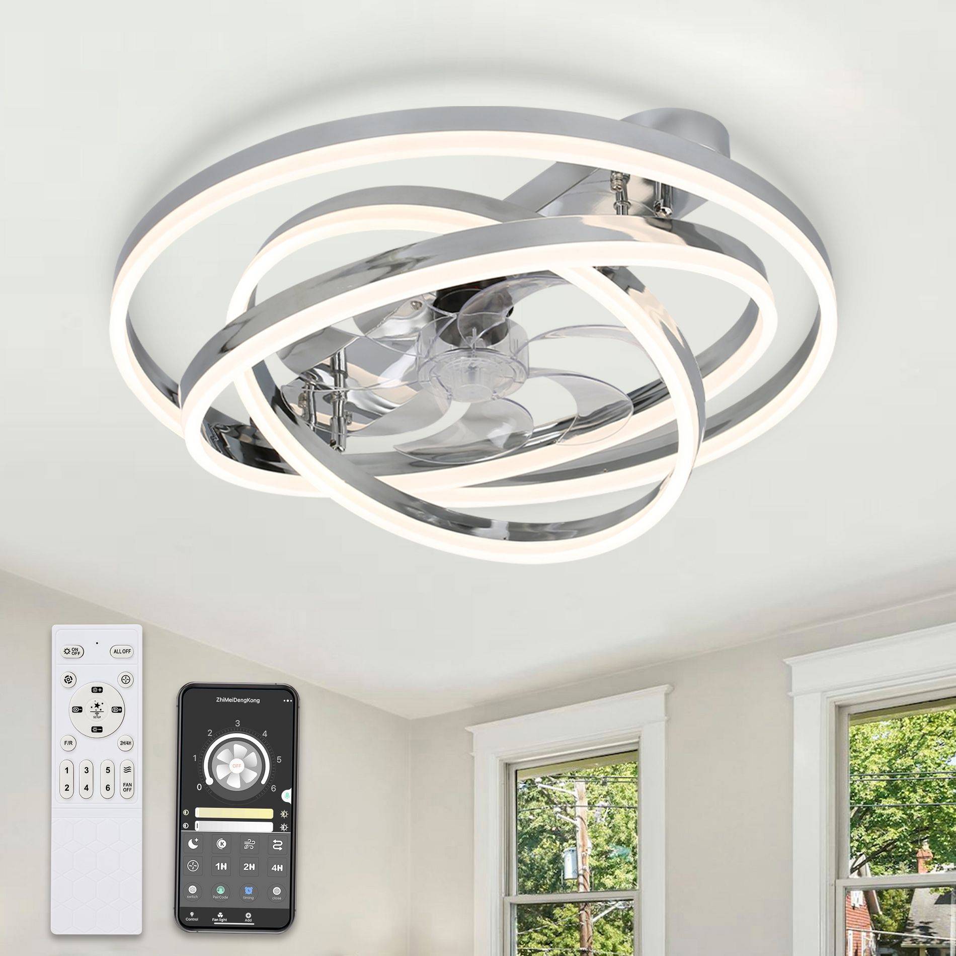 Bella Depot 24" Modern Silver Flush Mount Ceiling Fan with Dimmable Light, 6-Speed Reversible with Remote and APP Control