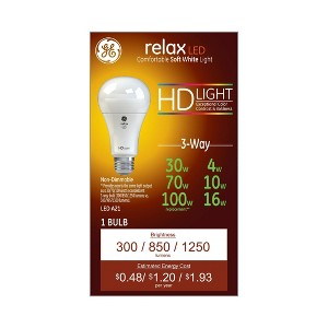 GE Relax LED 3-Way HD Light Bulbs Soft White: 100 Watt Equivalent, Dimmable, Energy Star Certified, 13.7 Year Life - 1 of 4