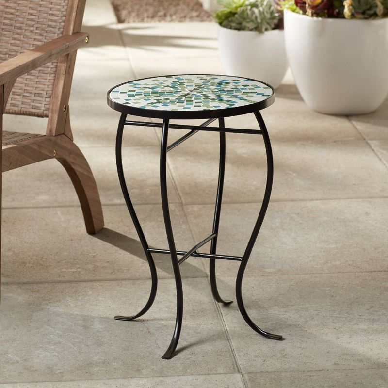 Teal Island Designs Modern Mosaic Black Round Outdoor Accent Side Table 14" Wide Aqua Blue Front Porch Patio Home House Balcony Deck Shed, 2 of 8
