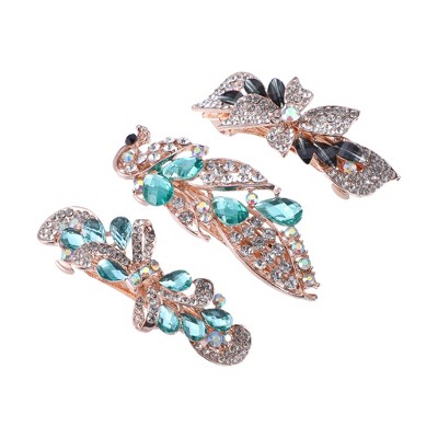 Unique Bargains 3 Pcs Hair Clips Hair Accessories for Women Hair Barrettes Sparkly Rhinestones Hairpin Green