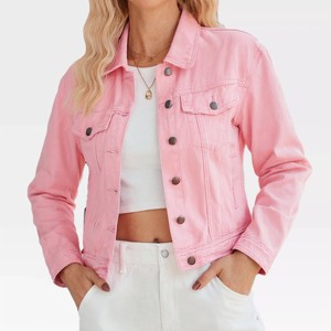 Women's Button Down Stretch Fitted Long Sleeve Cropped Denim Jacket Soft Denim Jean Jacket with Pockets Nashville Outfits - 1 of 4