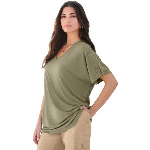 Roaman's Women's Plus Size Lace Trimmed Textured Tee - 1 of 2