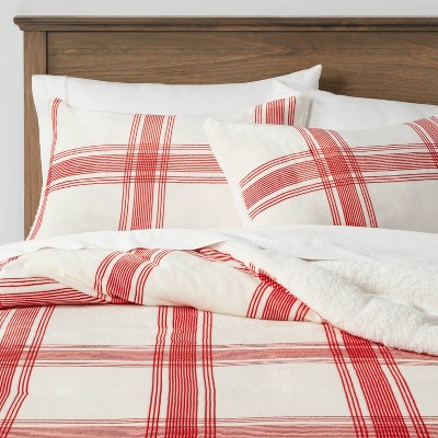 Full/Queen Sherpa & Plush Reversible Plaid Comforter & Sham Set Red/Cream - Threshold™
