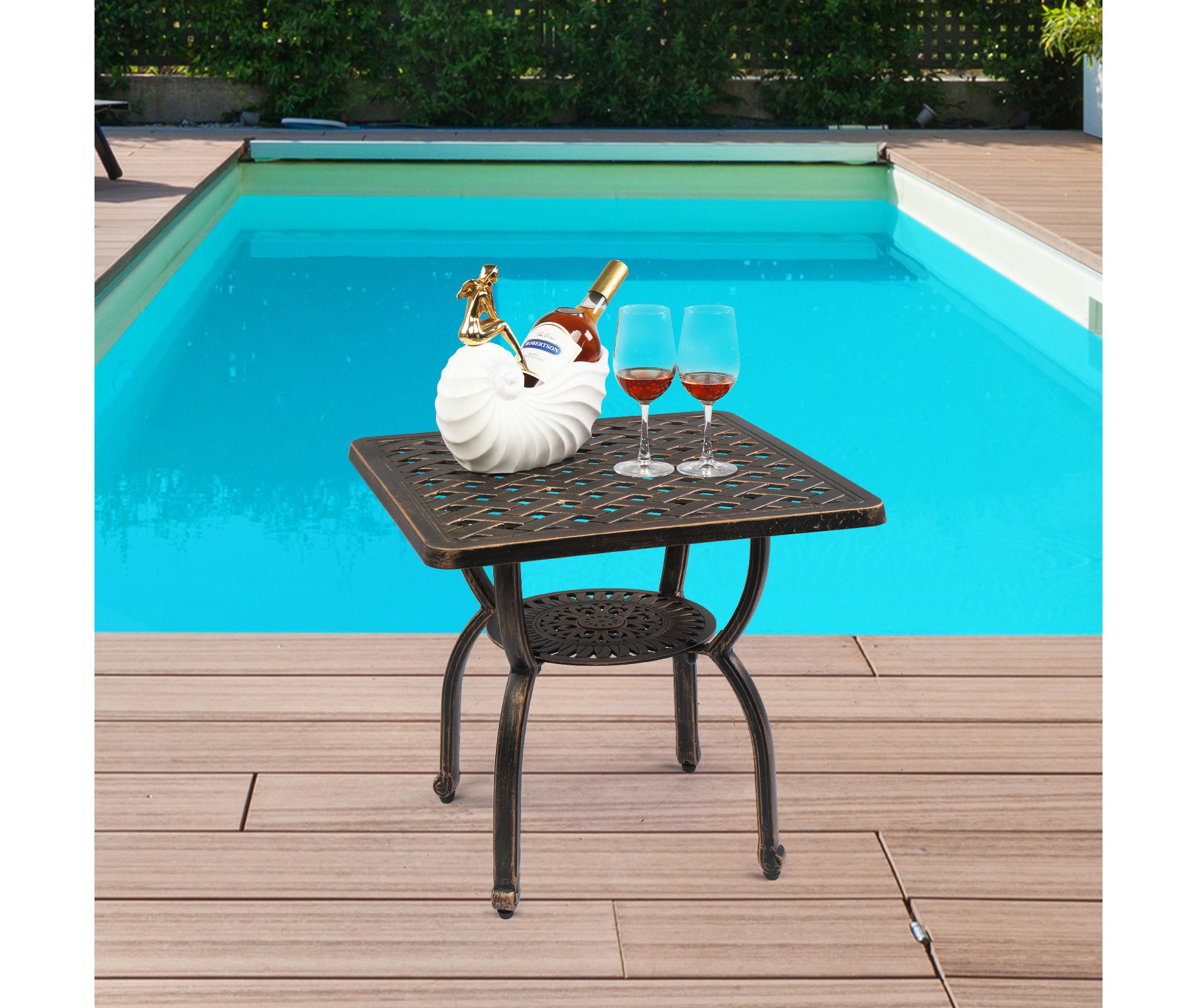 KTMBDW 21¡± Cast Aluminum Outdoor Side Table with 1.6¡± Umbrella Hole, All Weather Square Patio Coffee Table Porch Table Bistro Table, Antique Bronze