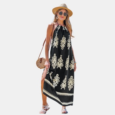 Women's Boho Chic Printed Halter Maxi Dress - Cupshe-S-Black