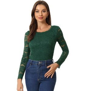 Allegra K Women's Slim Fit Sheer-Long-Sleeves Flower Embroidery Lace Top - 1 of 4