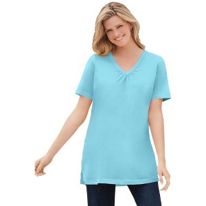 Woman Within Plus Size Perfect Short-Sleeve Shirred V-Neck Tunic - 1 of 4