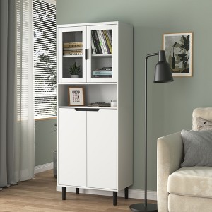 Tempered Glass Door Tall Storage Bookcase with adjustable board, 4 doors MDF painting finished cabinet, White, Living room Bedroom storage - 1 of 4