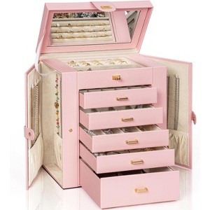 Leather Jewelry Box with Mirror - Multi-Compartment Organizer for Rings & Necklaces, Black - 1 of 4