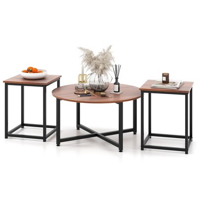 Tangkula Round Nesting Table Set of 3 Modern / Farmhouse Coffee Table w/2 End Tables