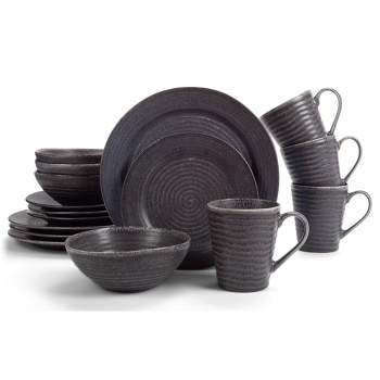 Elanze Designs Chic Ribbed Modern Thrown Pottery Look Ceramic Stoneware Kitchen Dinnerware 16 Piece Set - Service for 4, Charcoal Grey