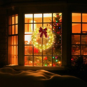 24in Pre-lit Iridescent Outdoor Christmas Wreath Decoration, Lighted Metal Wreath with Red Bow, Warm White LED Lights - 1 of 4