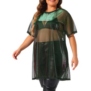 Agnes Orinda Women's Plus Size Shiny Sheer Mesh Holographic Short Sleeve Party Tunic T-shirts - 1 of 4