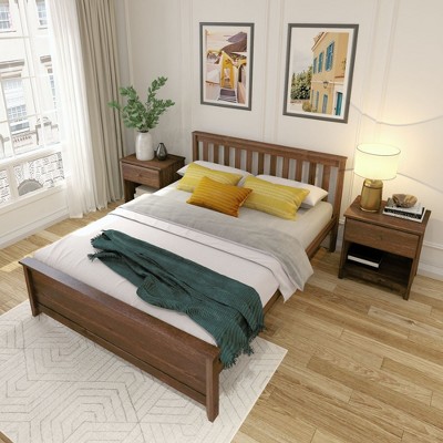 Walnut Pine Queen Bed Frame with Slatted Headboard
