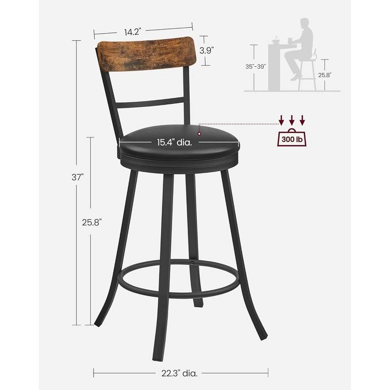 VASAGLE Swivel Bar Stools Counter Height, 25.8 Inch Barstools Chairs with Backs, Industrial Steel Frame, Black and Rustic Brown, 3 of 6