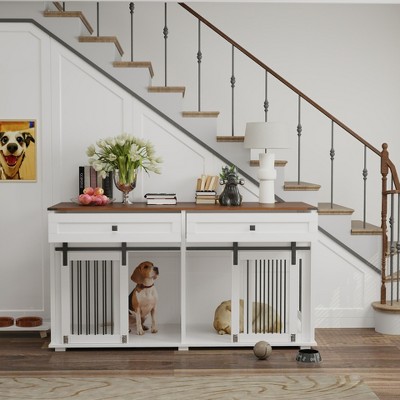 Lirago 63"Large Wooden Dog Crate Furniture with 2 Drawers-Water Resistant Indoor Double Dog Kennel with Sliding Door