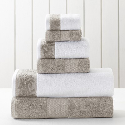 Flax and White Cotton 6-Piece Towel Set with Jacquard Border