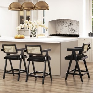 PAGED 38" High Bar Stools Modern Upholstered Counter Stools with Resin Rattan Back, Set of 3, Arms and Wooden Legs for Pub, Dining Room - 1 of 4
