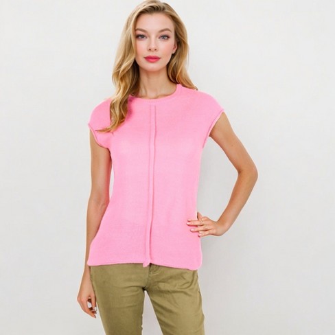 Anna-Kaci Women's Striped Collared Sleeveless Knit Top with Deep V-Neck and Ribbed Hem Detailing
