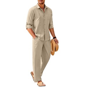 COOFANDY Mens Linen Sets 2 Piece Long Sleeve Button Down Cuban Shirt and Pants Set Summer Beach Set Outfits - 1 of 4