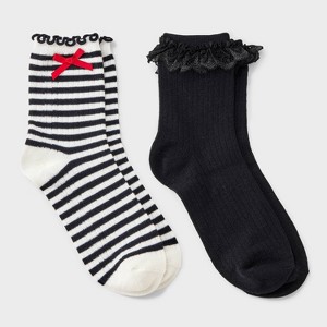 Women's Striped Waffle Knit 2pk Crew Socks with Bow Applique - Auden™ Ivory/Black/Red 4-10 - 1 of 3