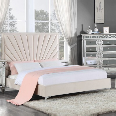 Beige Velvet Queen Bed with Tufted Headboard and Metal Feet