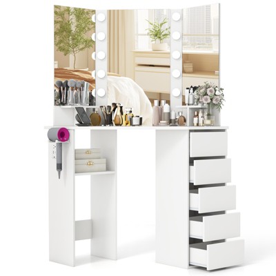Tangkula Corner Makeup Vanity Desk Makeup Dresser Table with 4 Color Lighting