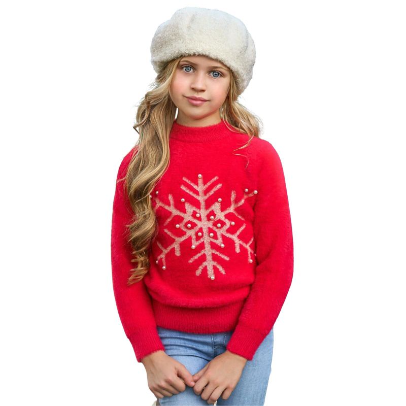 Girls Snowflake & Pearls Fuzzy Holiday Sweater - Mia Belle Girls, 1 of 7