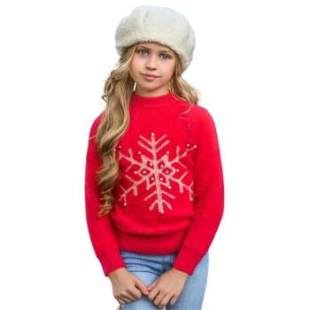 Girls Snowflake & Pearls Fuzzy Holiday Sweater - Mia Belle Girls