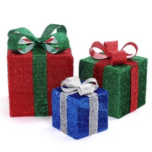 LuxenHome Set of 3 Multi-Color Presents with Bows Lighted LED Indoor Outdoor Holiday Decoration Multicolored - 1 of 4