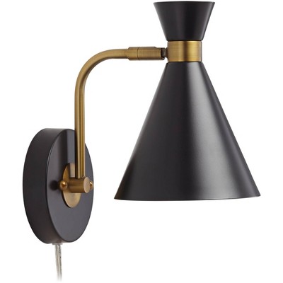 Venice Mid-Century Matte Black & Brass Adjustable Cone Wall Lamp Set