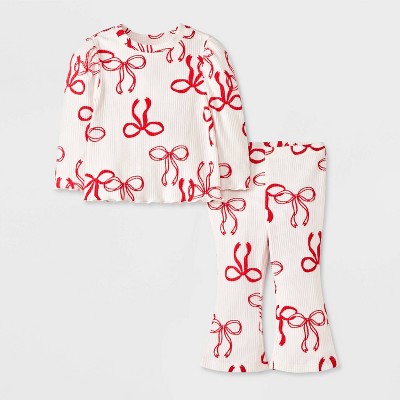 Image of Baby Girls' Bow Cozy Ribbed Top & Bottom Set - Cat & Jack™ Cream 6-9M