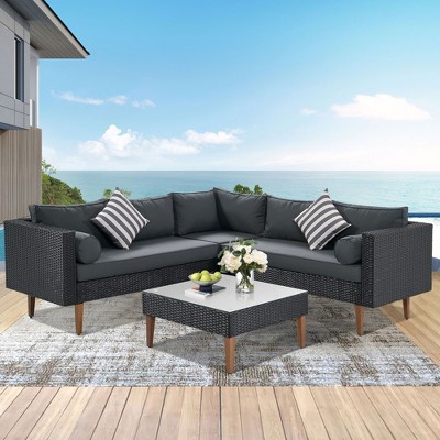 4 PCS Outdoor Wicker Sofa Set, Patio L-shape Sofa Set with Colorful Pillows,Black- ModernLuxe