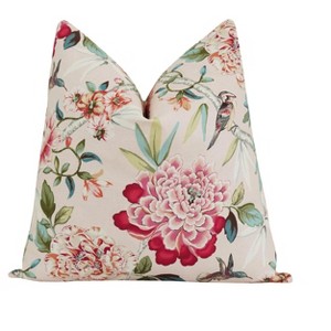 Bird and Peony Pillow Cover, Chinoiserie Floral Accent Cushion in Coral, Red, Sage, Seafoam & Blush, 18x18 Decorative Throw Pillow for Sofa - 1 of 2