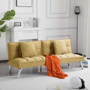 MAYEERTY 67.7" Futon Sofa Bed - 5-Position Adjustable Backrest, Velvet Upholstery, Tufted Design, 2 Pillows - 1 of 4