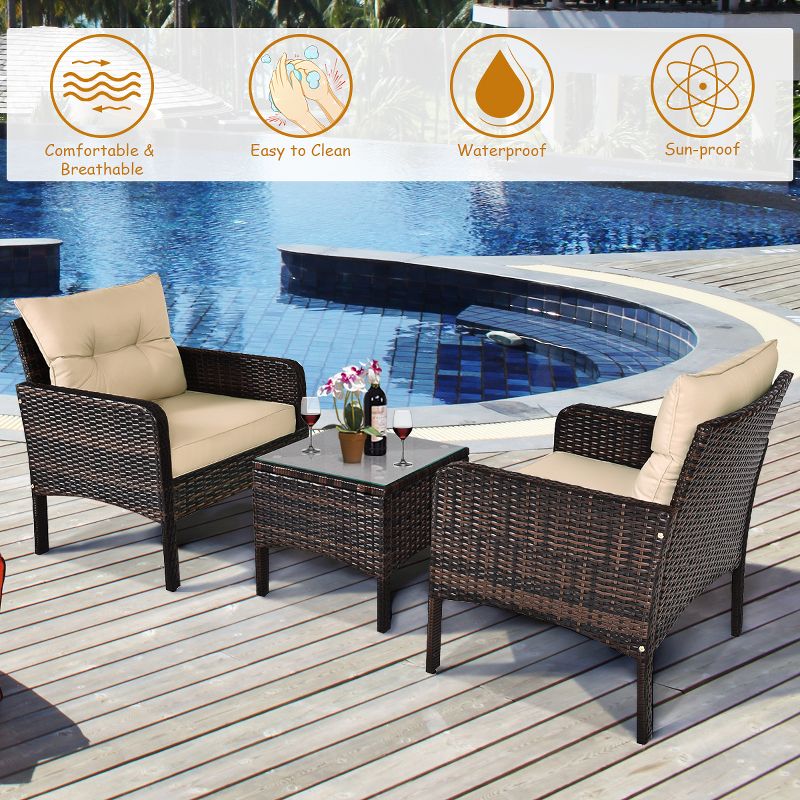 Costway 3PCS  Patio Rattan Conversation Set Cushioned Sofa Chair for Garden, 6 of 14