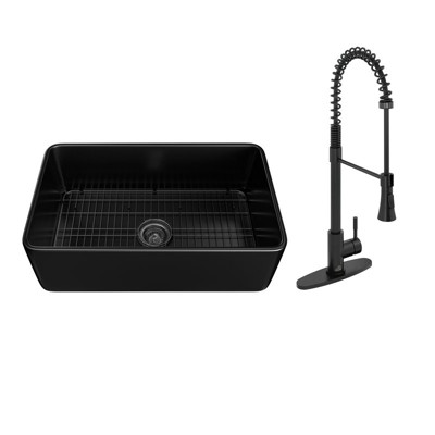 CASAINC 30'' Rectangular Single Bowl Fireclay Farmhouse Apron Kitchen Sink with Pulldown Faucet, Matte Black
