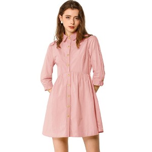 INSPIRE CHIC Women's 3/4 Sleeve Button Front Solid Color Flare Mini Shirt Dress - 1 of 4