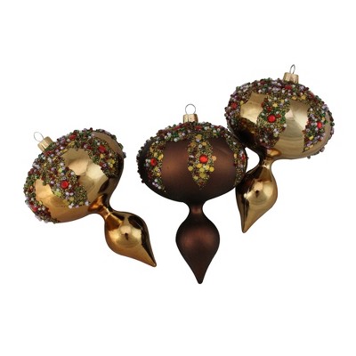 Barcana 3ct Glitter Sequin Beaded Shatterproof Christmas Finial Ornament Set 5" - Brown