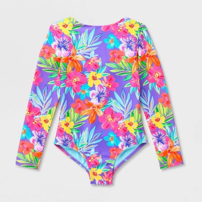 Cat & Jack Girls' Floral Long Sleeve One Piece Swimsuit - Cat & Jack™ Purple S — фото 2