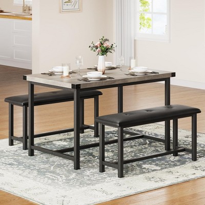 Dining Table Set for 4, Kitchen Table with 2 Upholstered Benches, Rectangular Dining Room Table Set