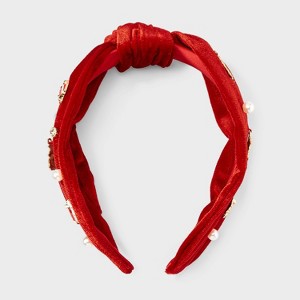 Christmas Tree Charm Velvet Knot Top Headband - Red - 1 of 3