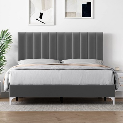 Full Size Bed Frame with Adjustable Headboard, Velvet Upholstered Platform Bed Frame with Strong Wooden Slats,Grey