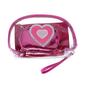 CTM Women's 3 Piece Metallic Heart Cosmetic Bag Set