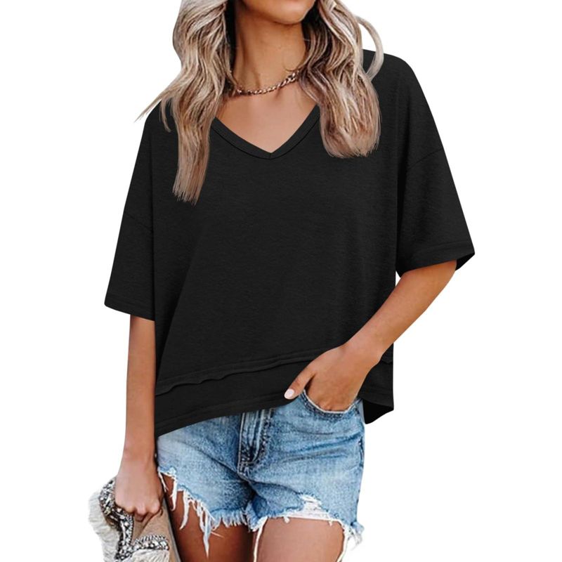 Imily Bela Womens Summer V Neck T Shirts Casual Short Sleeve Flowy Tops Cute Loose Fit Basic Tees Black L